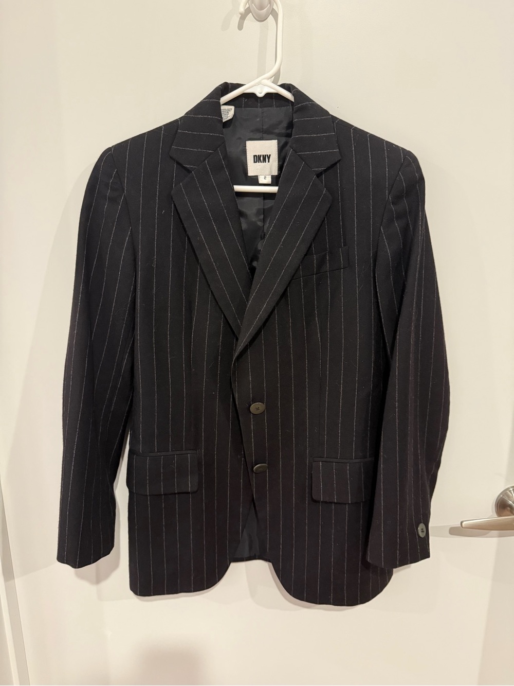 DKNY Black Pinstripe Blazer with White Stripes